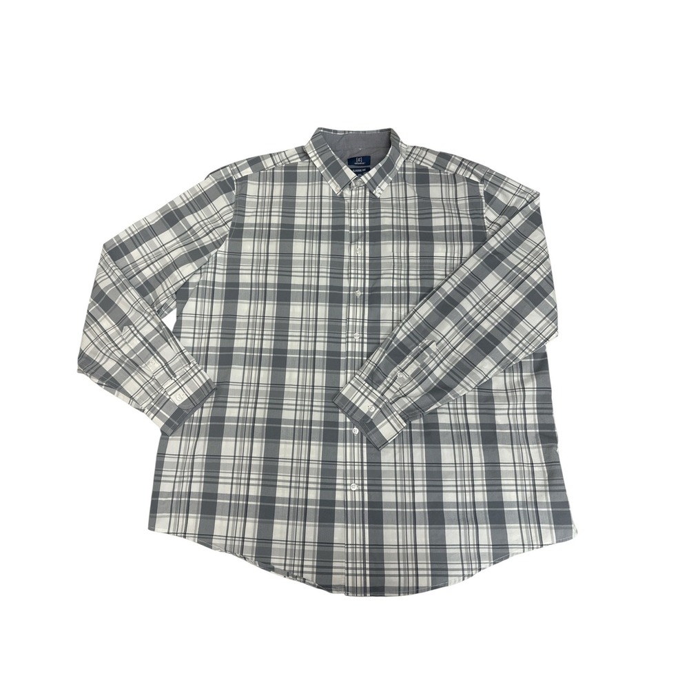 George Mens 2XL Grey White Plaid Classic Fit Long Sleeve Button Down Shirt